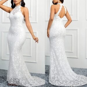 White Backless Lace-Up Maxi Dress – Sexy Spaghetti Strap Bodycon Gown